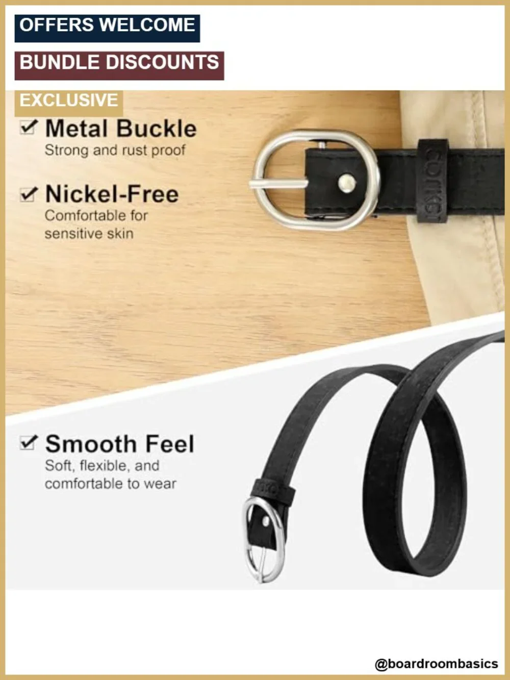 Vegan Leather Cork Belt - Women's Dress Belt, 0.98